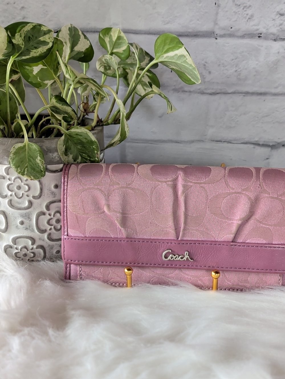 Coach Pink Signature Continental Wallet with Silver Hardware W/ COA